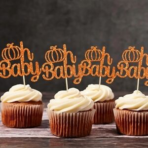 Glittery Orange Baby Shower Cupcake Toppers